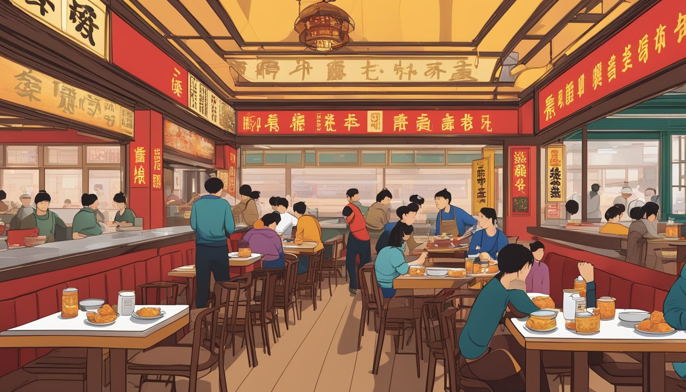 A bustling restaurant with red and gold decor, steaming bowls of beef noodle soup on every table, and a large sign reading "Visitor Information gang yuan beef noodle restaurant" in bold lettering