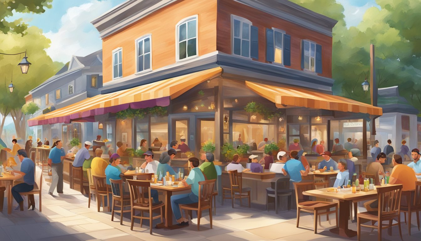 A bustling village restaurant with colorful outdoor seating, cheerful patrons, and delicious aromas wafting from the open kitchen