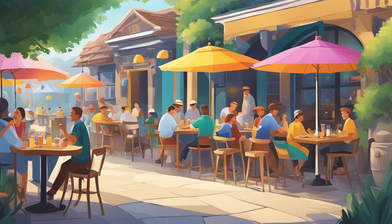 A bustling village restaurant with cheerful patrons dining outdoors under colorful umbrellas, while a friendly staff tends to their needs