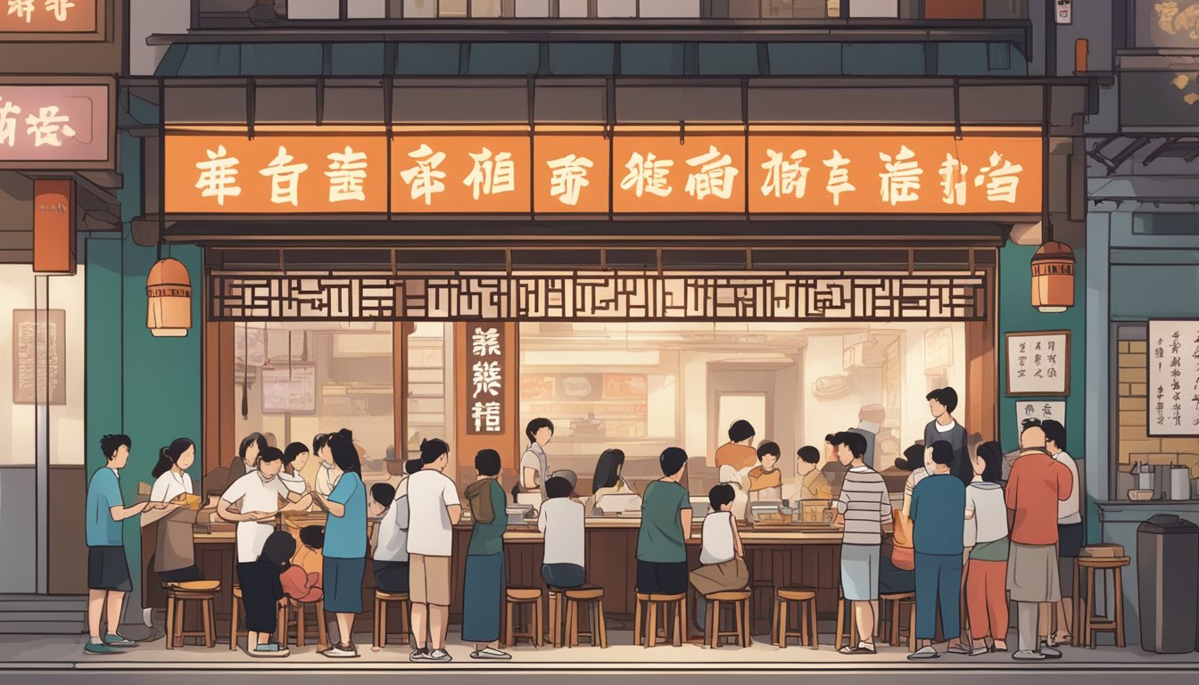 A bustling noodle restaurant with customers lining up, steaming bowls of beef noodles being served, and a sign reading "Frequently Asked Questions gang yuan beef noodle restaurant" above the entrance