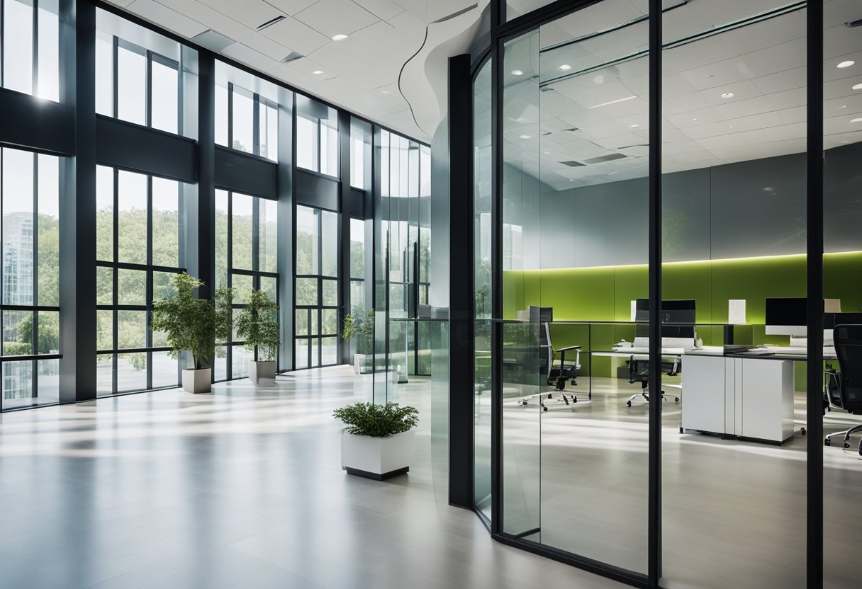 A sleek, glass-walled office building with open floor plans, natural light, and green spaces integrated into the design