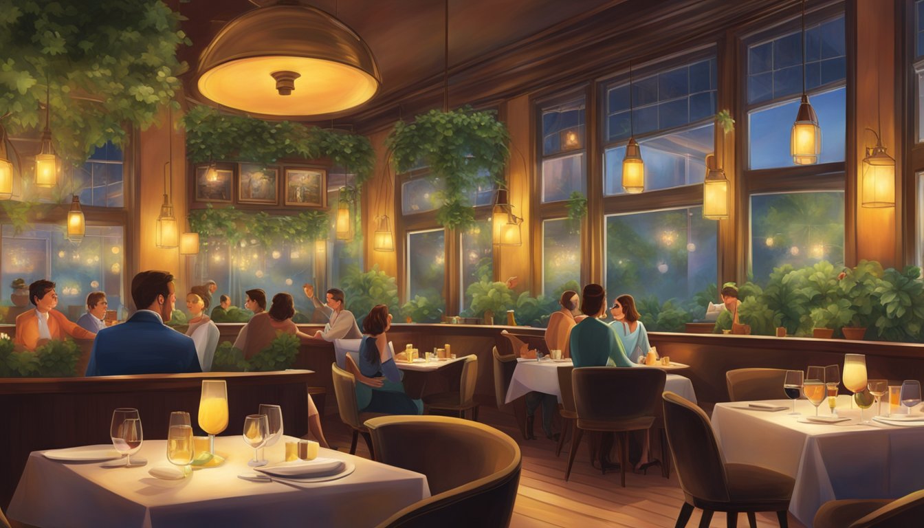The bustling restaurant features colorful cocktails, steaming coffee, and elegant wine glasses on every table. The warm, inviting atmosphere is accentuated by the soft glow of hanging lights and the lush greenery adorning the walls
