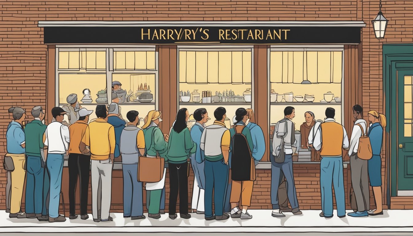 Customers line up outside Harry's Restaurant, eagerly waiting to be seated. The aroma of sizzling food fills the air as waitstaff bustle about, attending to the needs of diners