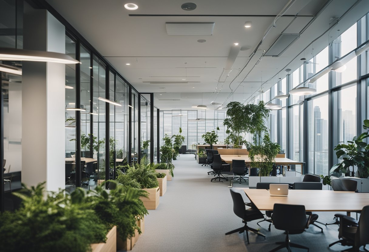 A modern office building with open floor plan, natural light, and ergonomic furniture. Glass walls, greenery, and collaborative workspaces