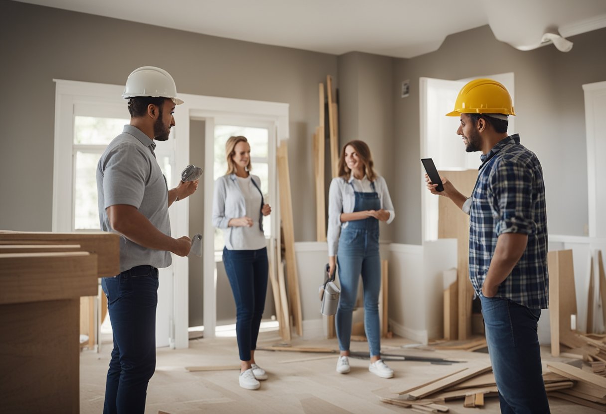 A family home undergoes renovation with contractors and tools, while a bank representative explains the process of home renovation loans