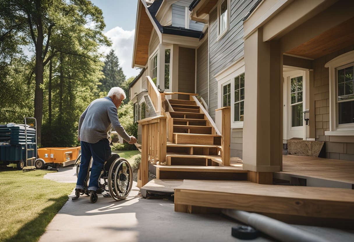 Elderly person's home being renovated with wheelchair ramps and grab bars installed, while a contractor answers common questions