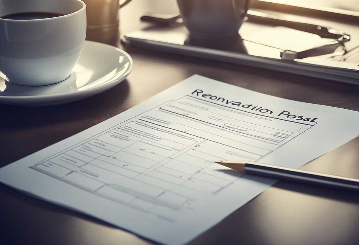 A desk with a laptop, blueprints, and a cup of coffee. A blank sheet of paper with "Renovation Proposal" written at the top. A pencil and ruler nearby