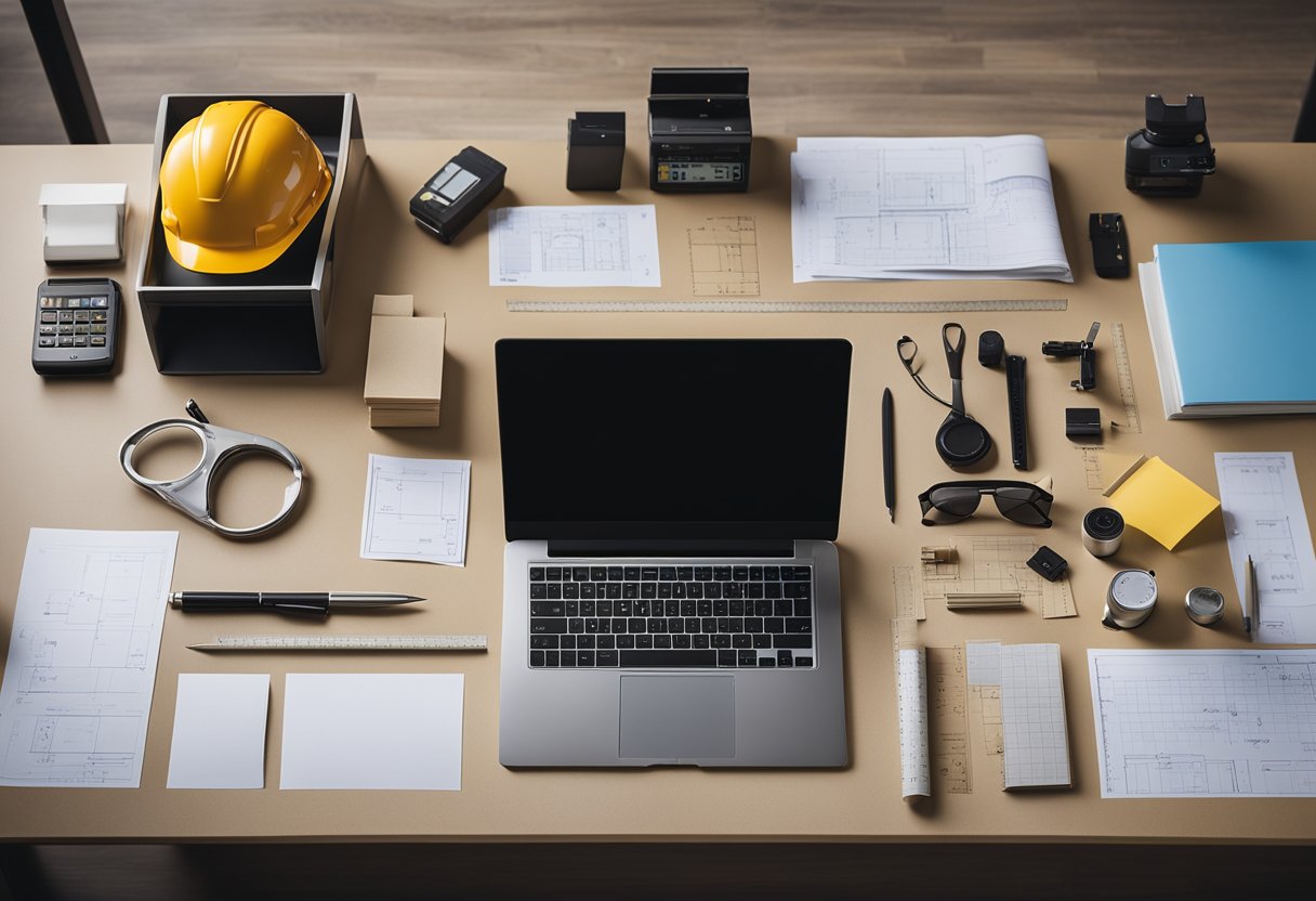 A desk with a laptop, blueprints, and a pen. A ruler, tape measure, and samples of materials laid out. A window with natural light