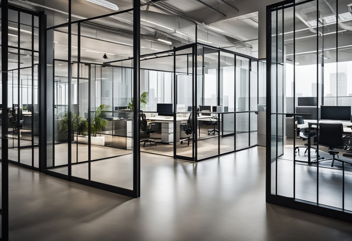 A sleek, glass partition divides the open office space, with metal framing and minimalist design. The partition allows for natural light to flow through, creating a modern and airy atmosphere