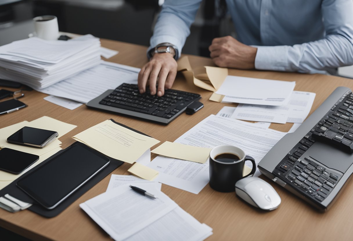 A desk cluttered with papers, a computer, and a stack of renovation proposal samples. A person typing on the keyboard, surrounded by notes and reference materials