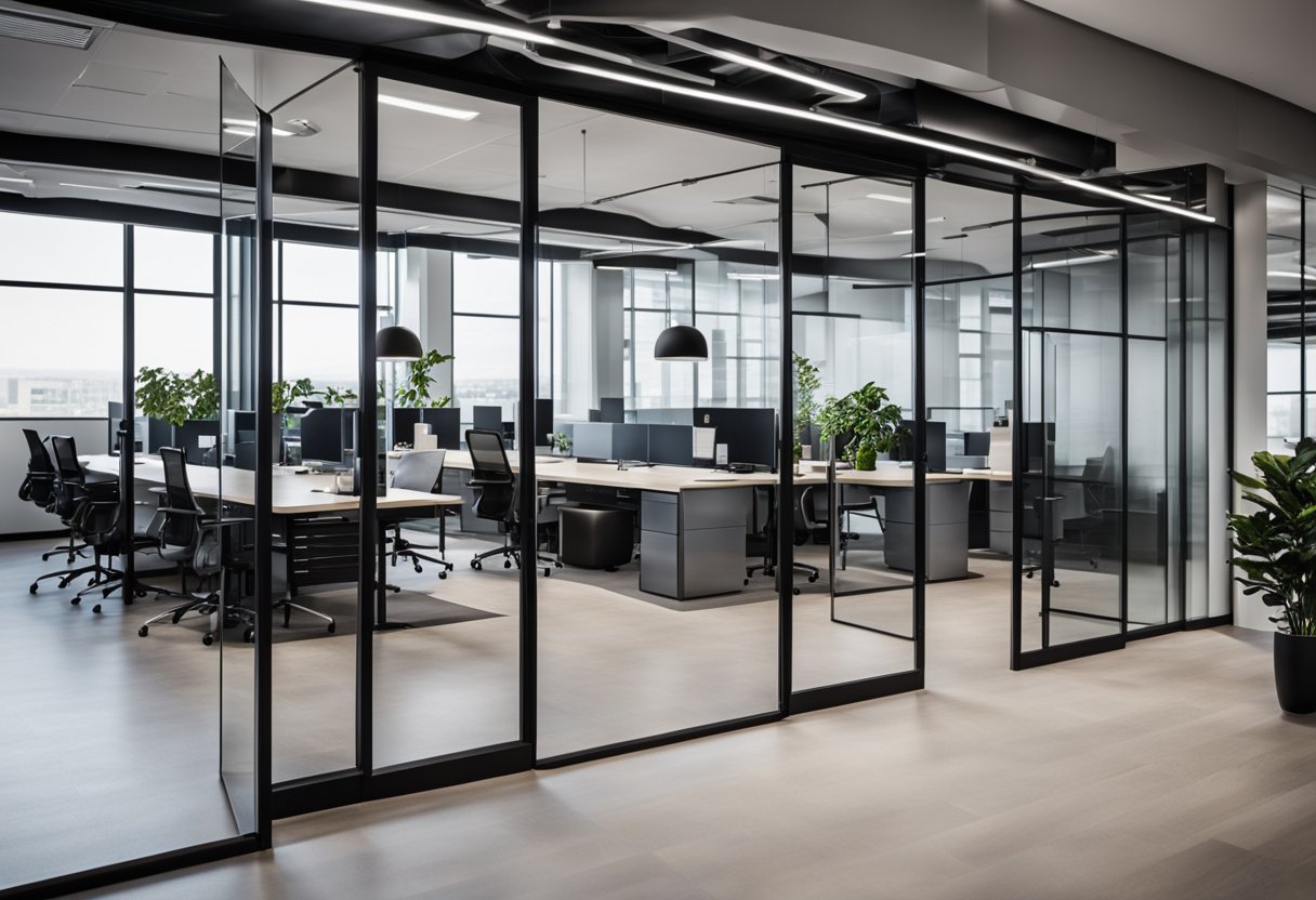 A sleek, open-concept office space with glass and metal partitions, clean lines, and minimalistic decor. Natural light floods the room, highlighting the contemporary design