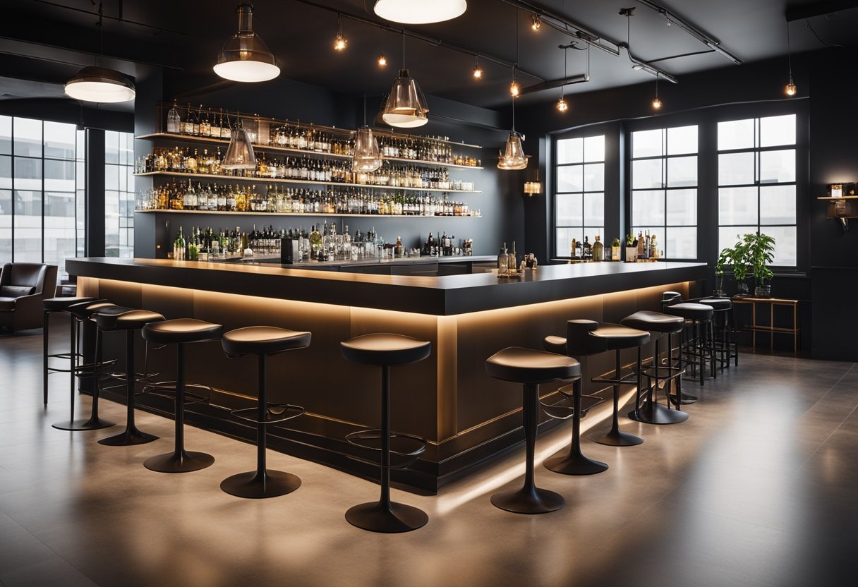 A sleek, modern office bar with a long, polished counter, high stools, hanging pendant lights, and a backdrop of shelves displaying various liquor bottles