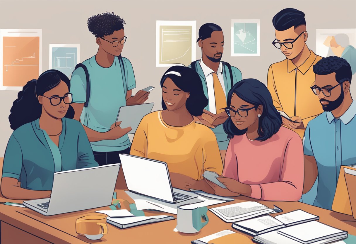 A group of diverse individuals engaged in various activities, such as reading, attending workshops, and using technology, to symbolize continuous learning throughout their careers