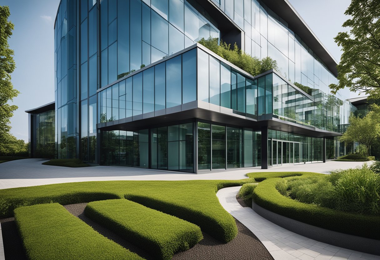 A sleek, glassy office building with clean lines and modern architecture, surrounded by green landscaping and featuring a prominent entrance and large windows