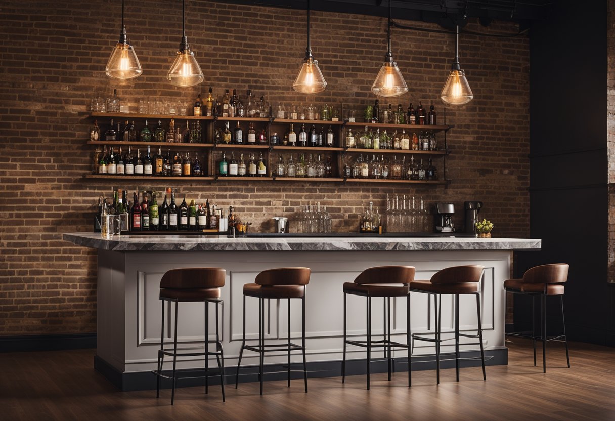 A sleek, modern bar with a marble countertop, industrial pendant lights, and a wall-mounted liquor display. A row of high-top stools lines the bar, with a backdrop of exposed brick and wood paneling