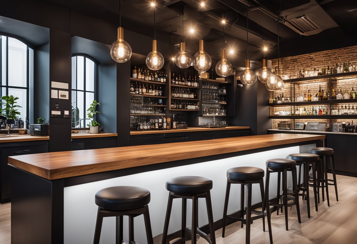 A sleek, modern office bar with a polished wood countertop, stylish bar stools, and a row of pendant lights hanging overhead