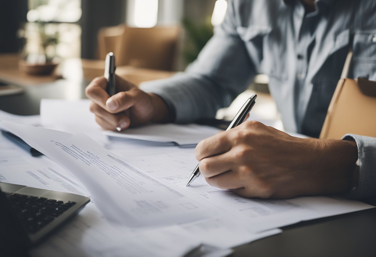 A homeowner reviews renovation loan terms, plans, and budgets in a cozy, well-lit room with blueprints and a laptop