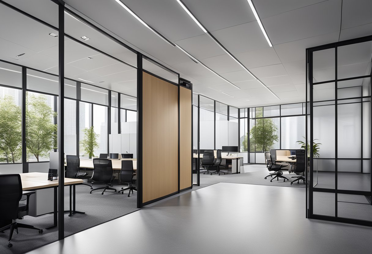 A sleek, modular office partition system with adjustable panels and integrated technology. Open floor plan with natural light and minimalist aesthetic