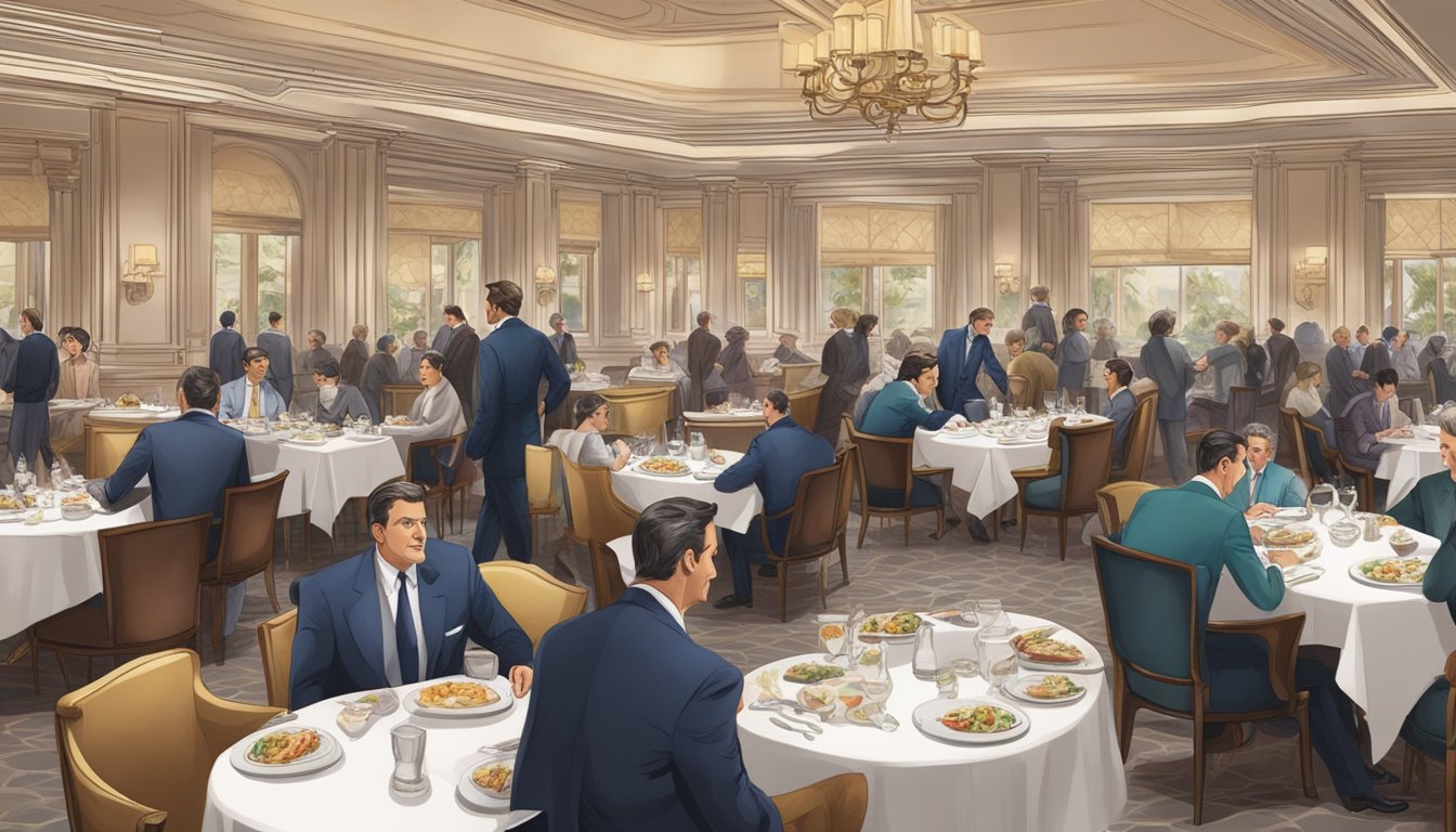 The hotel boss surveys the bustling restaurant, filled with elegant tables and diners enjoying their meals. Servers move swiftly between the tables, carrying trays of delicious dishes