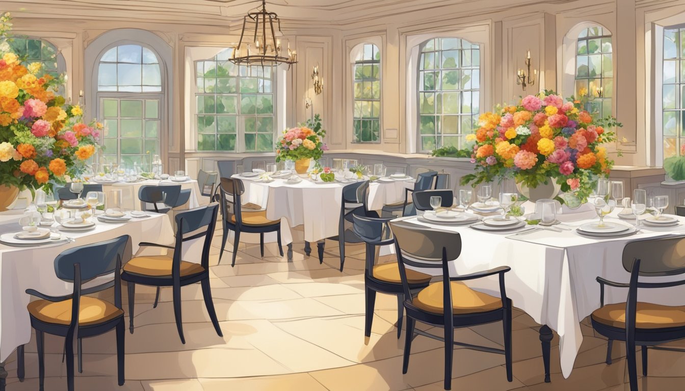 Tables set with elegant dinnerware, surrounded by vibrant floral arrangements. A chef prepares exquisite dishes in an open kitchen, while guests enjoy the ambience