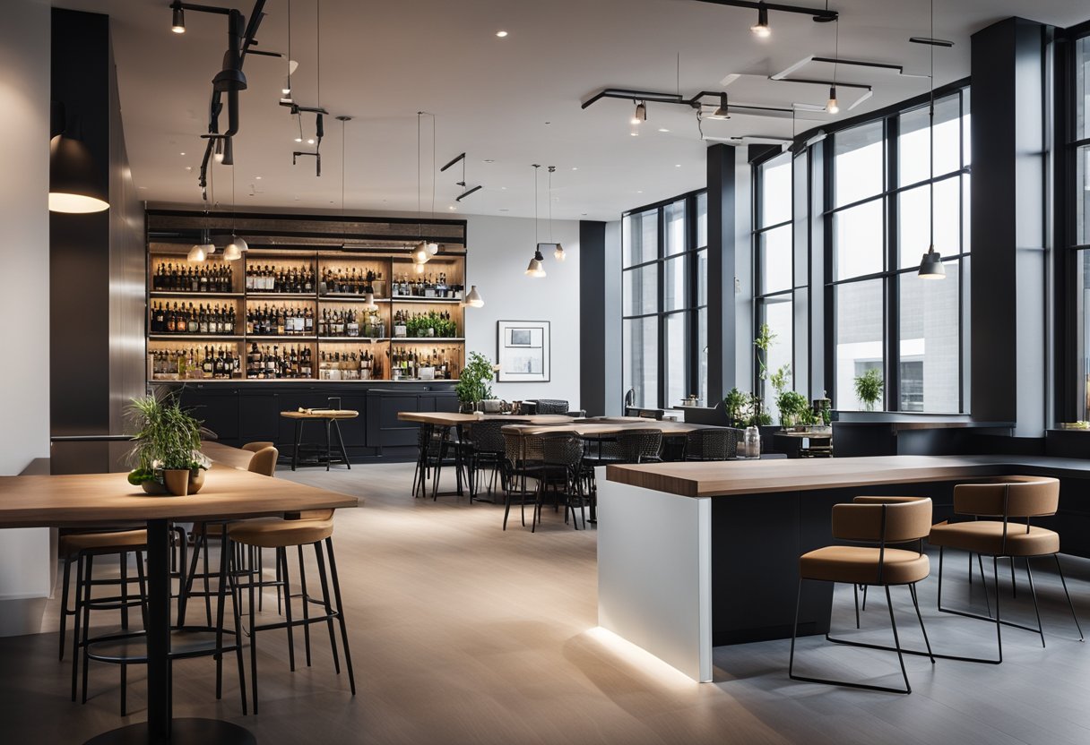 A modern office bar with sleek, minimalist design. Clean lines, industrial materials, and subtle lighting create a stylish and inviting atmosphere