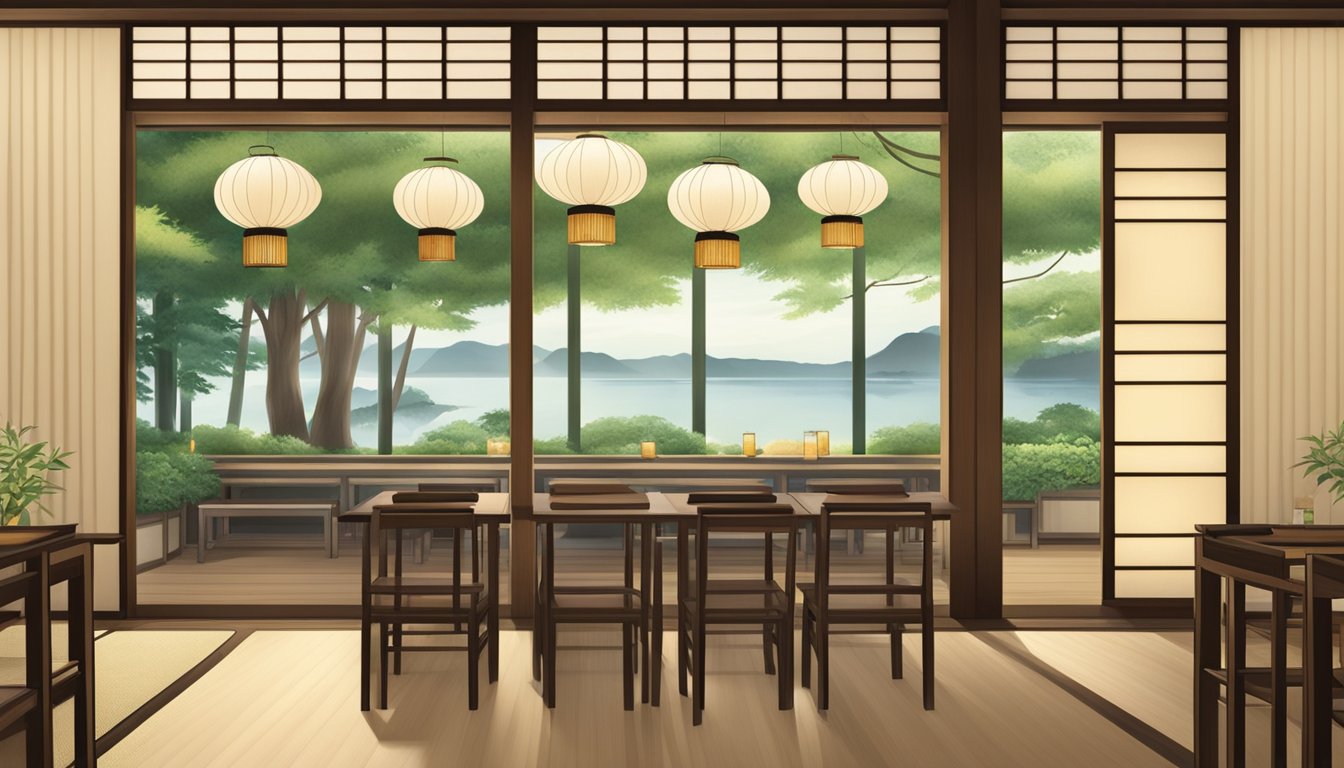 Aoki restaurant: Traditional Japanese decor, low tables, paper lanterns, sliding doors, bamboo accents, and a serene garden view