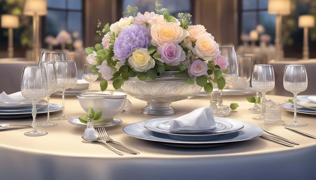 Aoki restaurant: elegant tables set with fine china, crystal glasses, and polished silverware. Soft lighting and floral centerpieces create a luxurious ambiance