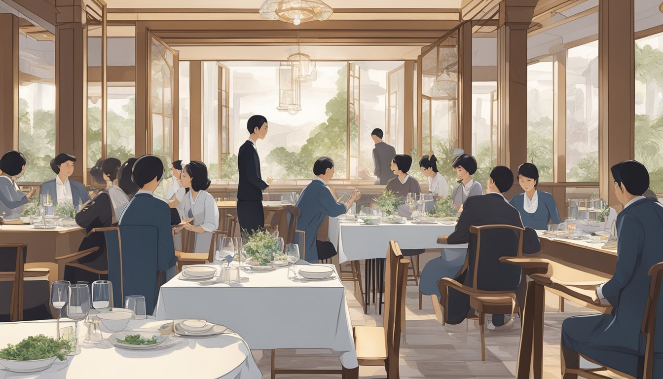 A table is set with elegant dishes and utensils at Aoki restaurant, where attentive servers move gracefully among diners