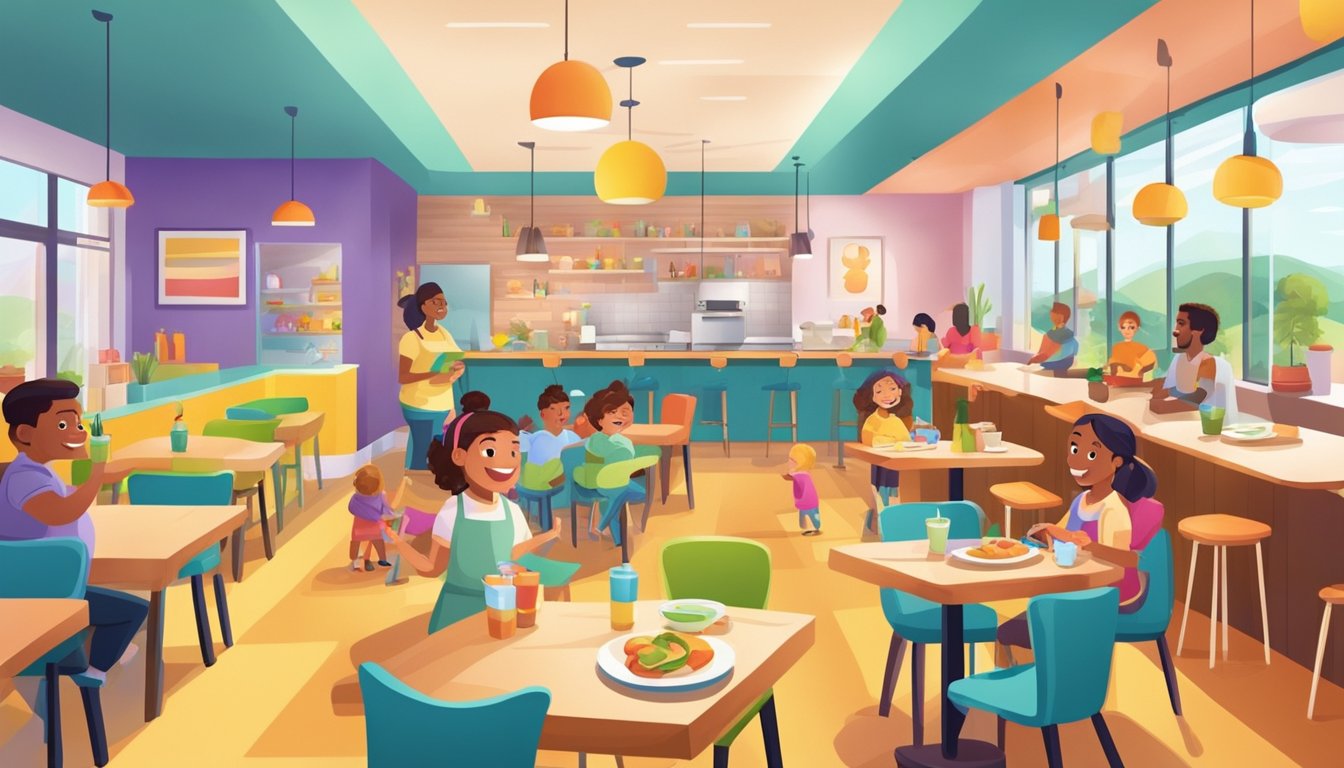 Families dine at a colorful, spacious restaurant with high chairs and a play area. Cheerful staff serve healthy, kid-friendly meals