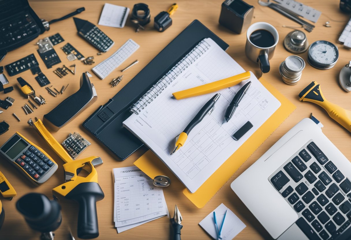 A table covered in renovation tools and materials, with a calculator and notebook showing cost calculations. A laptop open to a FAQ page on determining renovation costs
