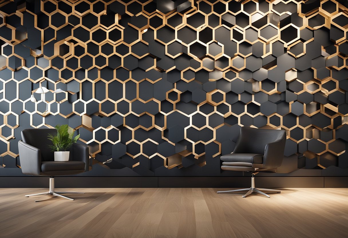 A sleek, modern feature wall in an office, with geometric patterns and a combination of wood, metal, and glass materials