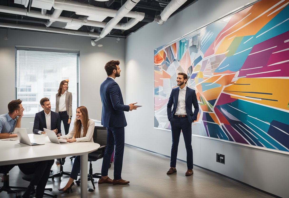 Employees discuss a vibrant mural on the office feature wall. A designer sketches ideas on a whiteboard while others admire the concept