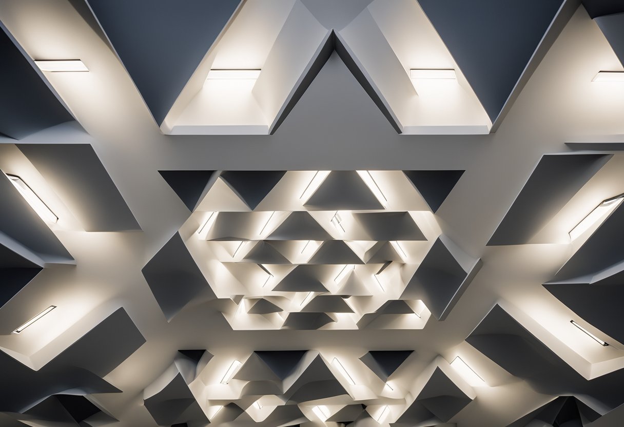 The office ceiling features geometric patterns and recessed lighting, creating a modern and professional atmosphere