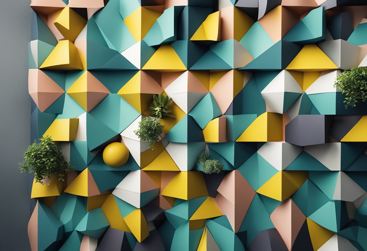 A modern office feature wall with geometric shapes and vibrant colors, incorporating elements of nature and technology