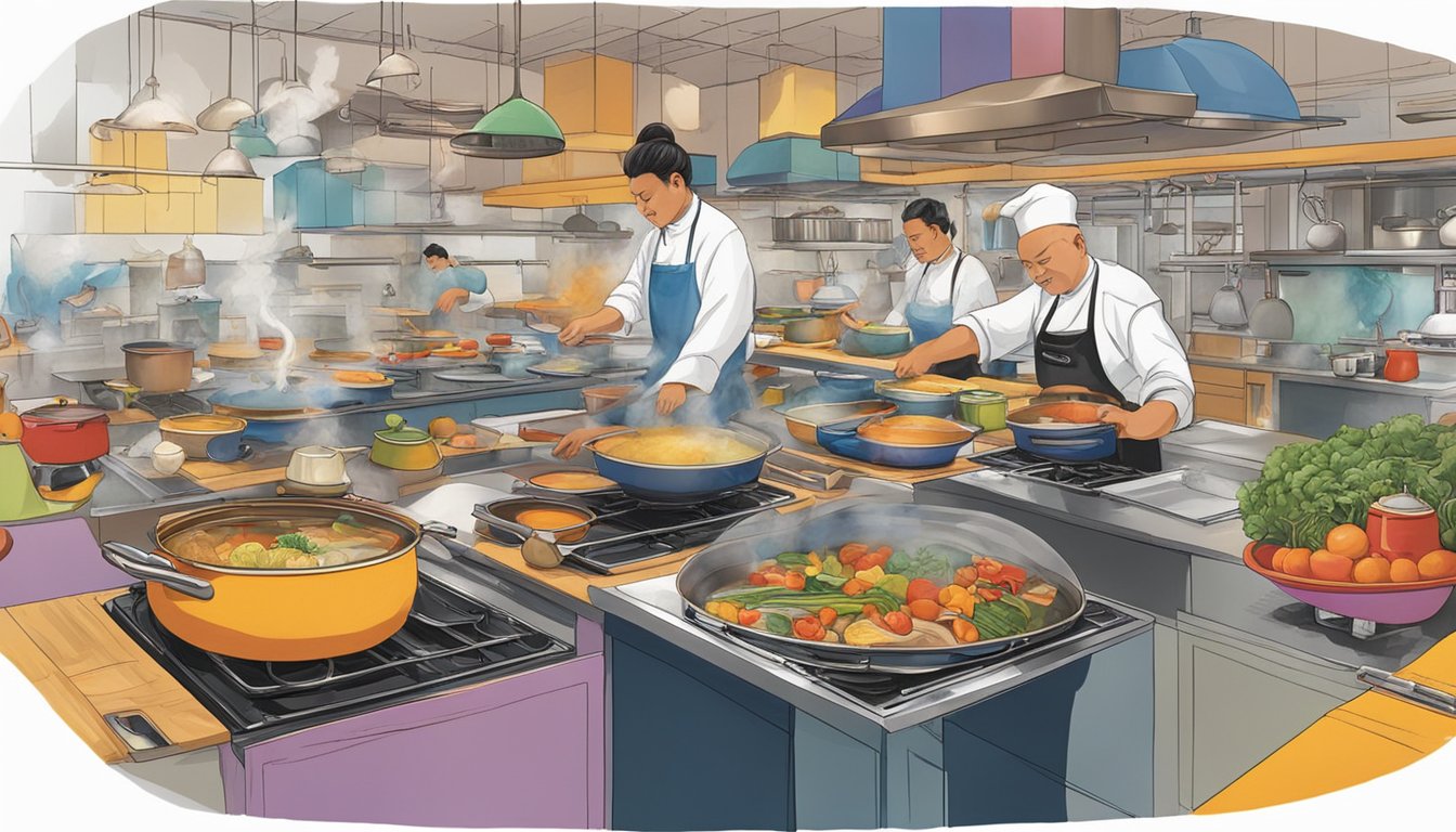 A bustling kitchen with steaming pots, sizzling pans, and colorful ingredients. Chefs move with precision, creating avant-garde dishes in Alvin Leung's renowned restaurants