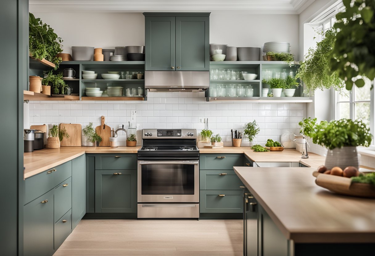 A bright, modern kitchen with new cabinets, countertops, and appliances. The room is filled with natural light, and there are fresh herbs and flowers on the counter