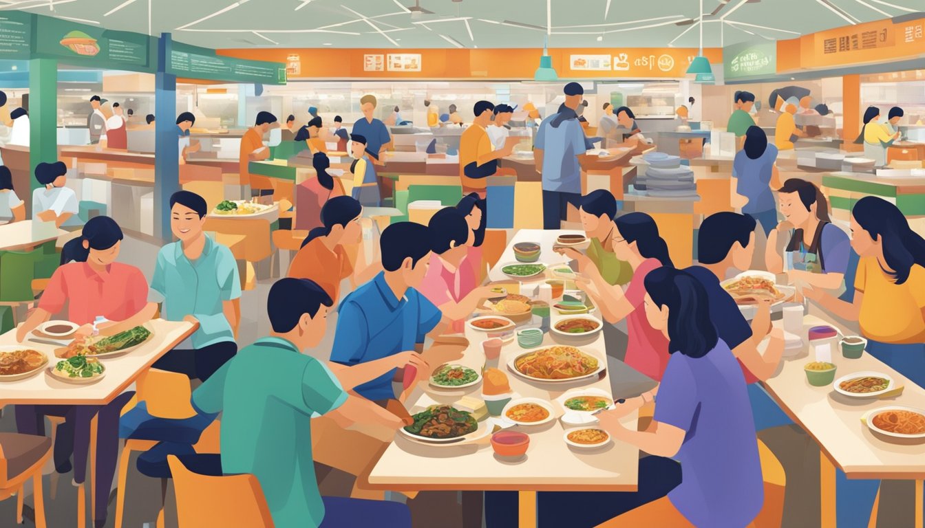 People enjoying diverse cuisines at ITE Ang Mo Kio's bustling food court. Aromatic dishes, vibrant colors, and lively conversations fill the air
