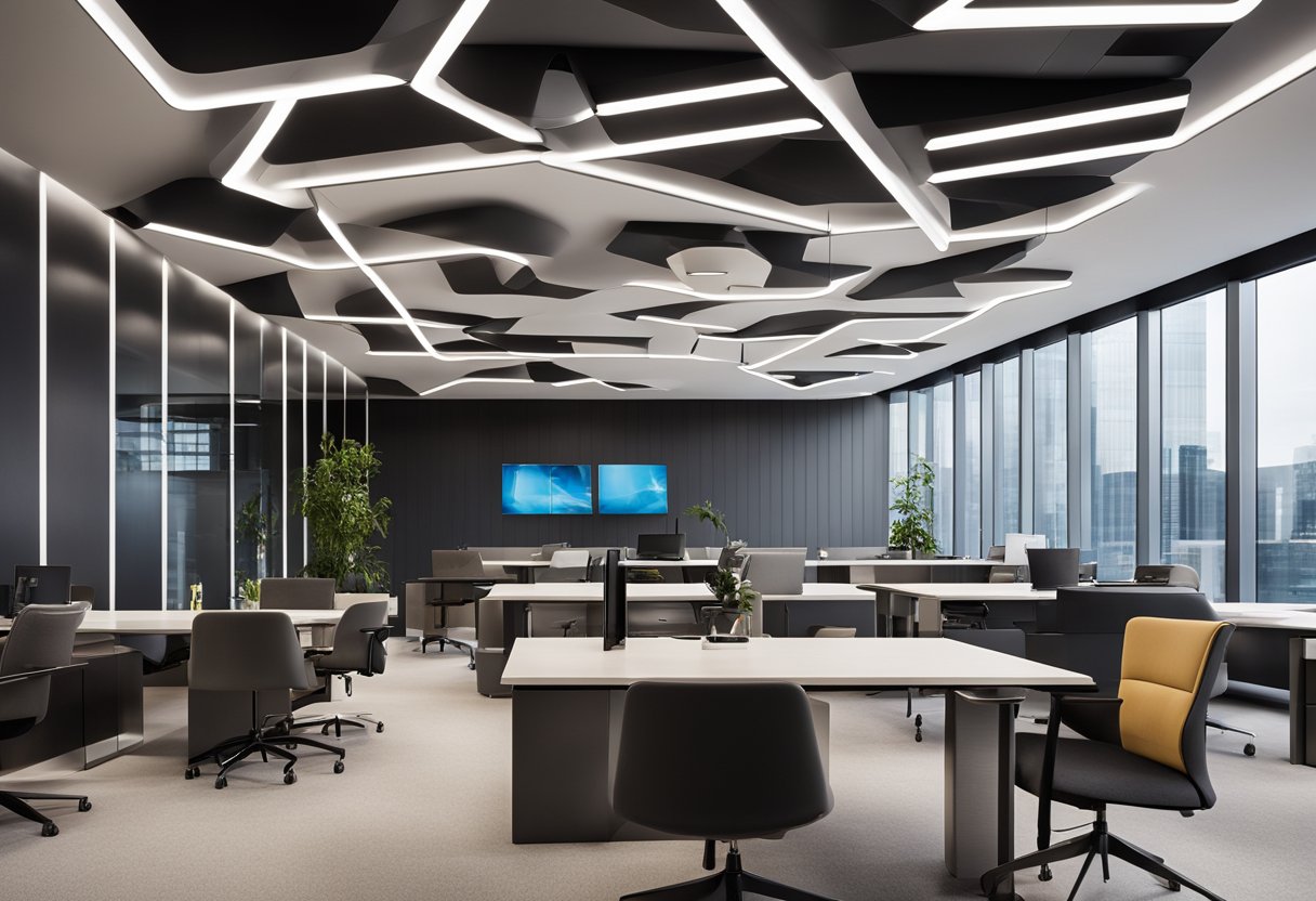 A modern office with sleek, geometric ceiling panels and integrated LED lighting, creating a dynamic and innovative workspace