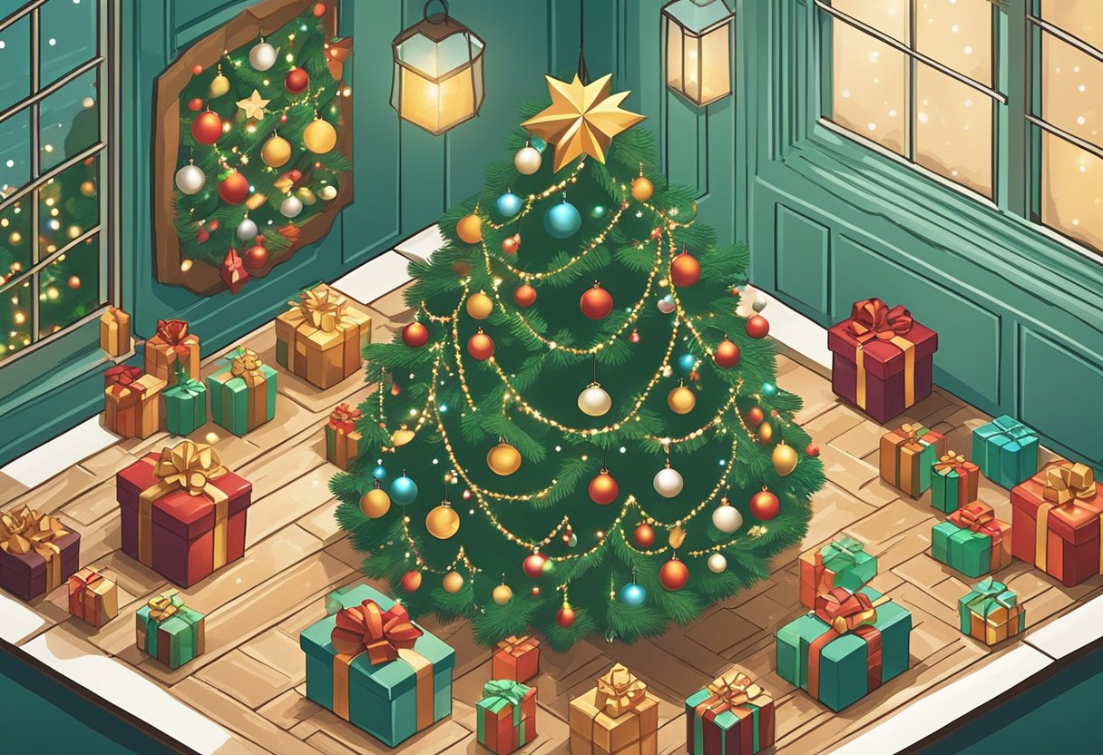 A festive scene with presents, ornaments, and a Christmas tree