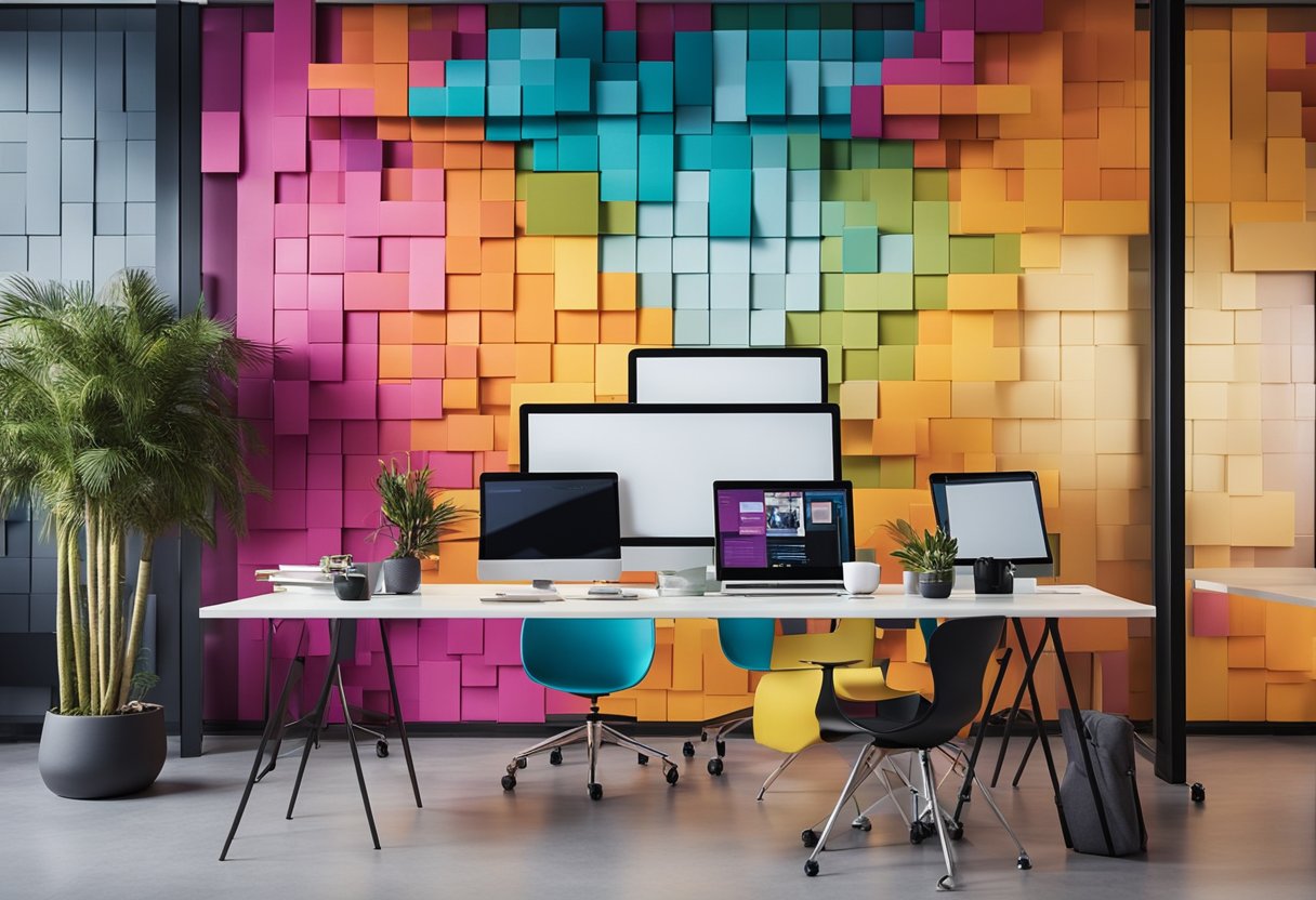 A modern office with a feature wall displaying a colorful and eye-catching design, showcasing frequently asked questions in a creative and engaging way
