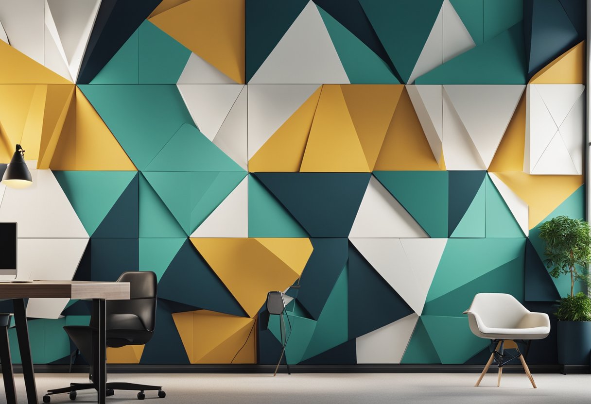 The office interior wall features a modern geometric design with a mix of bold colors and clean lines, creating a professional yet stylish atmosphere
