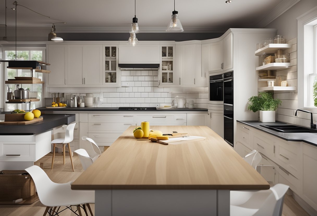 A kitchen with empty cabinets, a blank canvas for renovation. A tape measure, pencil, and design plans lay on the countertop