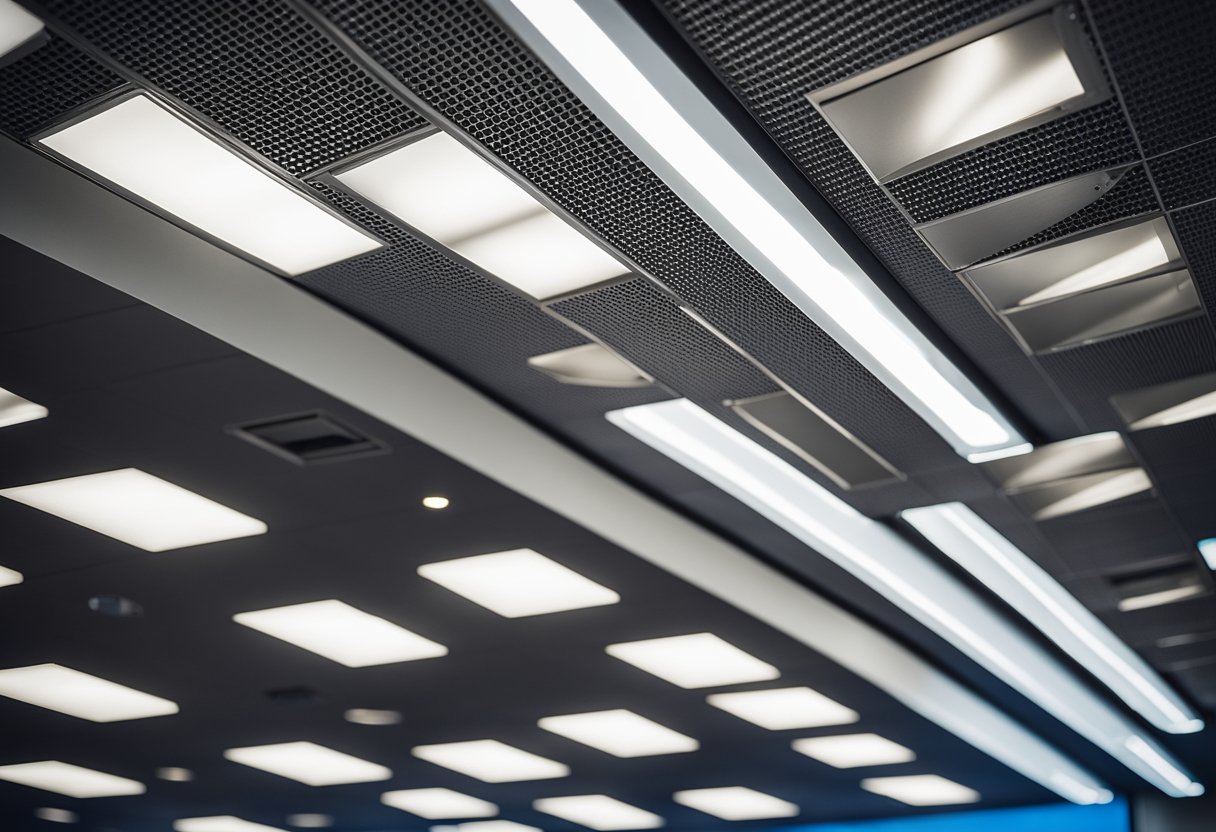 The office ceiling features recessed lighting, acoustic panels, and air vents, with a modern grid pattern