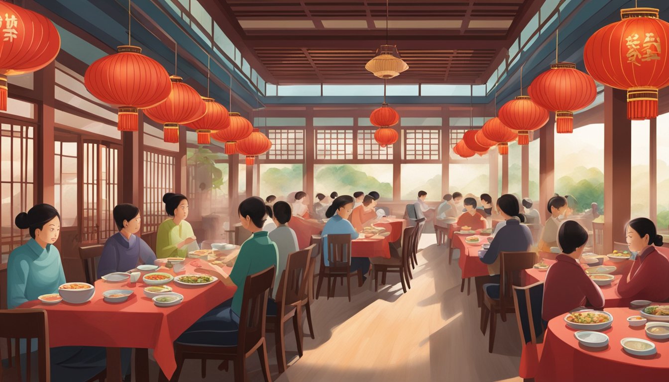 A bustling dining room with round tables, red lanterns, and steaming bowls of Teochew cuisine. The aroma of fresh seafood and savory soups fills the air