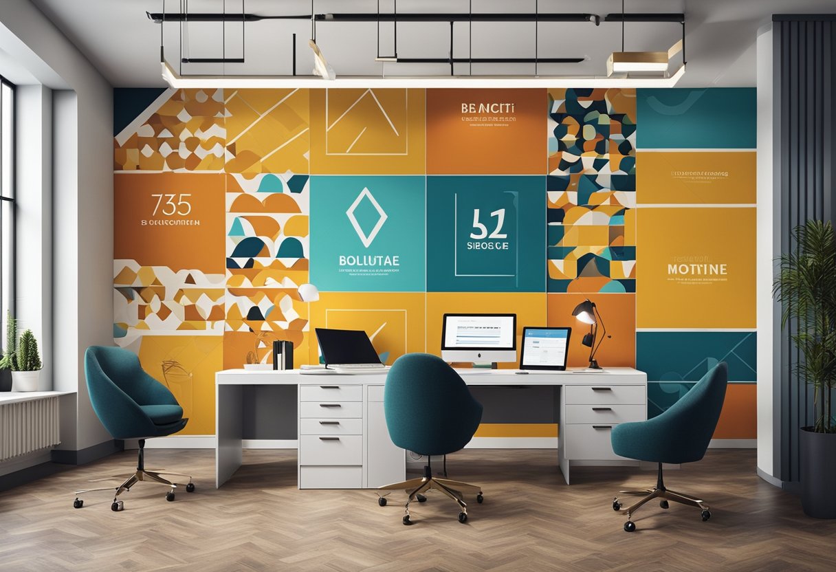 A modern office wall with geometric patterns and bold colors, featuring motivational quotes and company branding