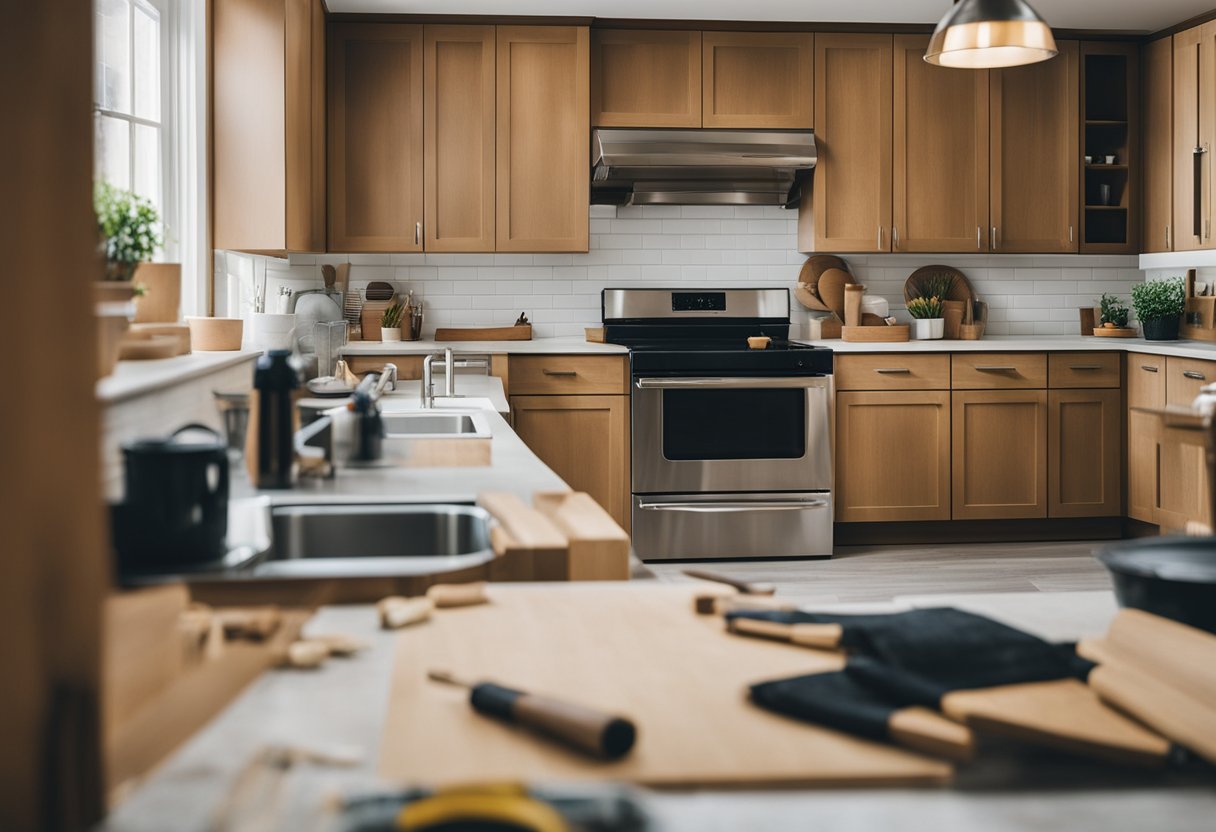 A kitchen being renovated with tools, paint, and new cabinets installed