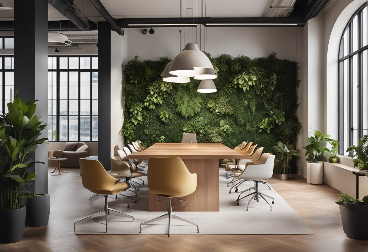 The office interior wall features a modern and sleek design that incorporates elements of nature, such as plants and natural light, to enhance productivity and aesthetics