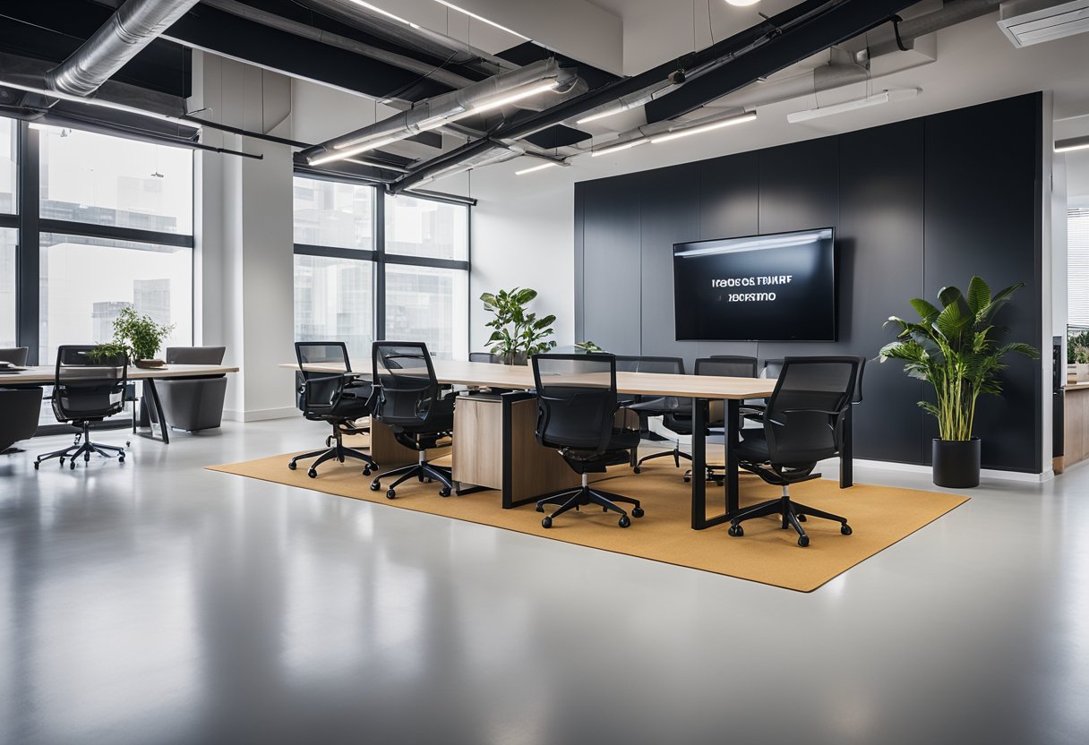 The office interior features a modern, minimalist design with clean lines and a neutral color palette. The wall is adorned with a large, eye-catching display of frequently asked questions in bold, easy-to-read typography