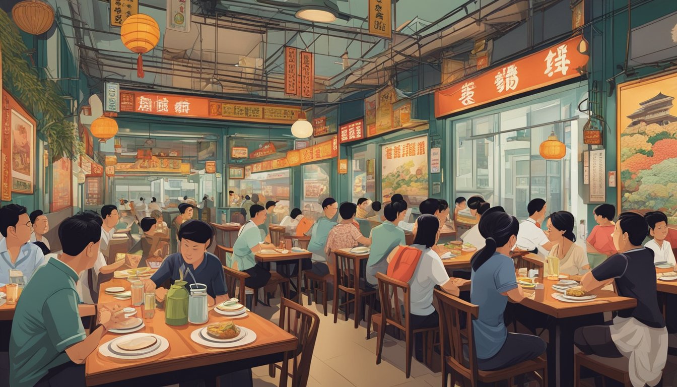 A bustling hokkien restaurant in Singapore, filled with the aroma of sizzling woks and the clatter of chopsticks. The walls adorned with vintage posters and the air thick with the sound of lively conversations