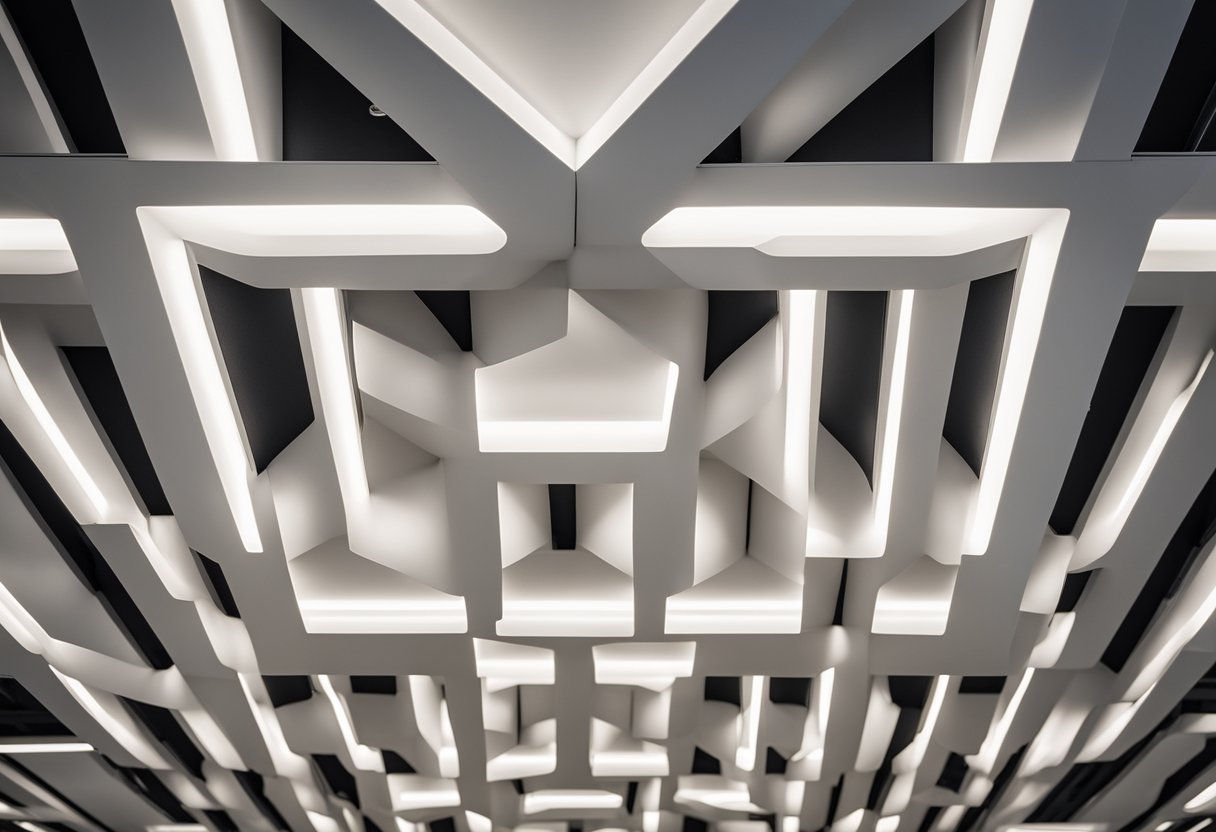 The office ceiling features a modern, geometric design with recessed lighting and acoustic panels. The pattern is sleek and symmetrical, adding a contemporary touch to the space